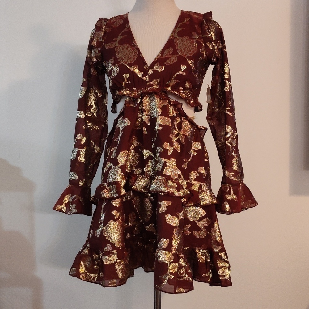 Altar’d State Burgundy, Gold flowers Dress w Cut outs + Lace up Back  si…